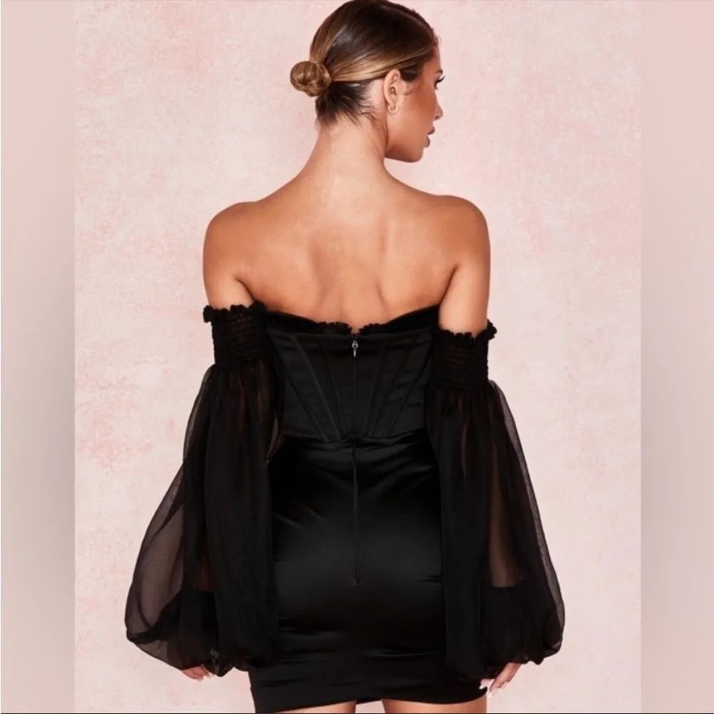 House of CB ‘Beau’ Black Satin and Chiffon Corset Dress NWOT - Picture 7 of 14